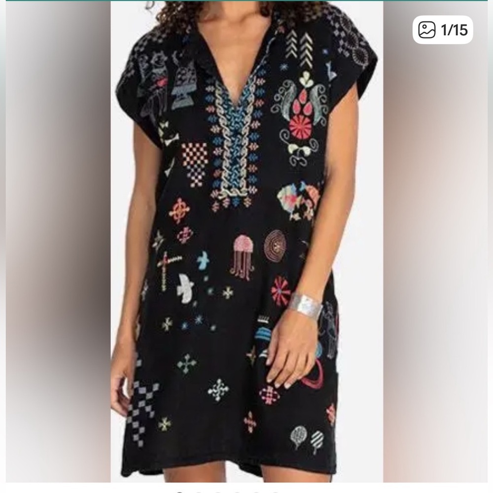 Johnny Was Black Embroidered V-Neck Mini Dress with Multicolor Motifs